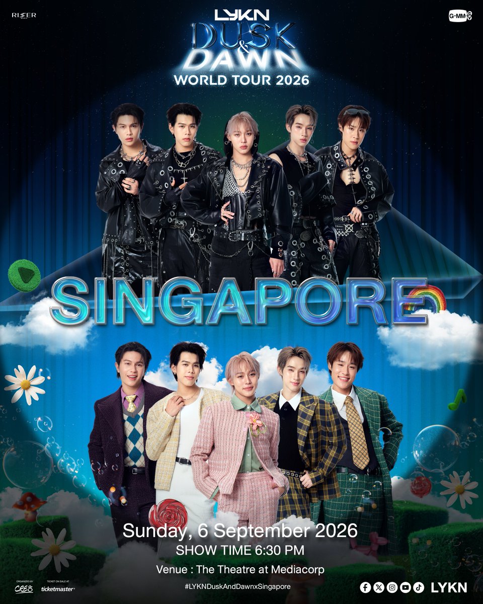 GMMTV's tweet photo. LYKN DUSK AND DAWN WORLD TOUR 2026 IN SINGAPORE is coming 🔥

🗓️ SUNDAY, 6 SEPTEMBER 2026
📍The Theatre at Mediacorp
📌 Ticket sales start on FRIDAY, 24 JULY 2026
via Ticketmaster at 12:00 PM (Singapore Time)

#LYKNDuskAndDawnWorldTour2026
#LYKNDuskAndDawnxSingapore
#LYKN @LYKNofficial @Williamjkp1 @realxlg @nnutdan @hongshihoshi03 @TuiChayatorn 
#RISERMUSIC @RiserMusic 
#GMMTV