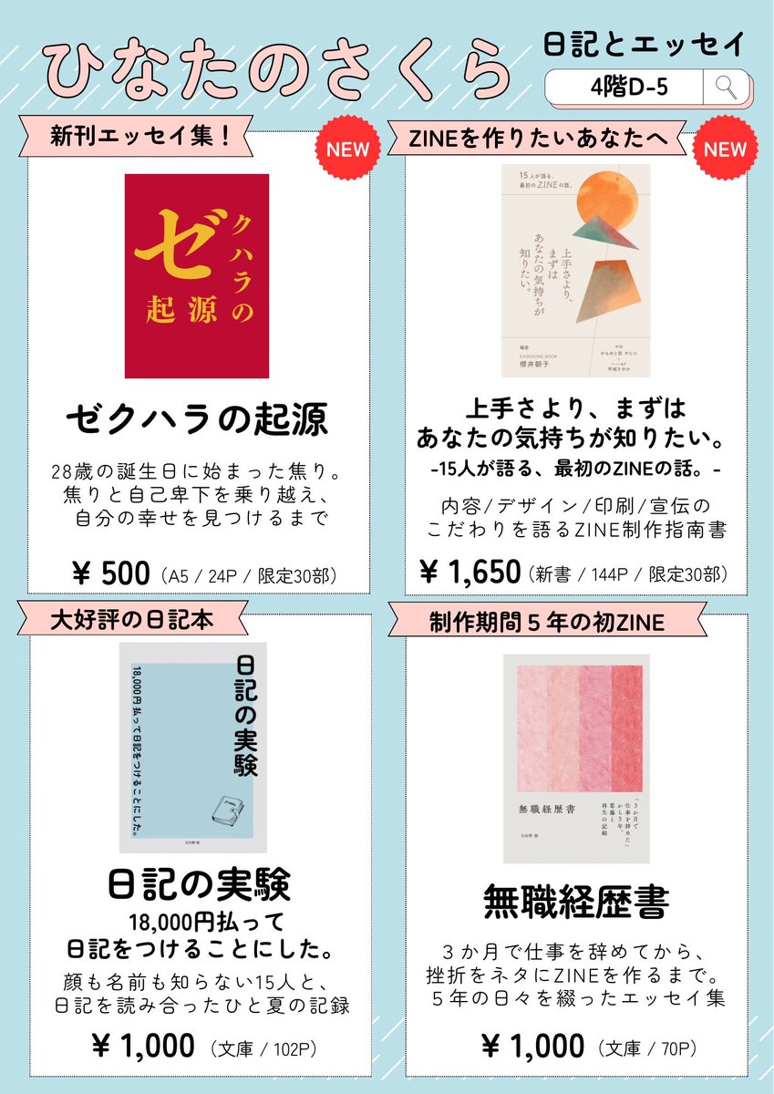 _hinatanosakura's tweet photo. 【明日は #ZINEフェス東京 🙌】

日記とエッセイ、ZINE制作アンソロジーを持っていきます📚

【4階D-5】でお待ちしています🌻

 #ZINEフェス https://t.co/b8rn6J8l3v