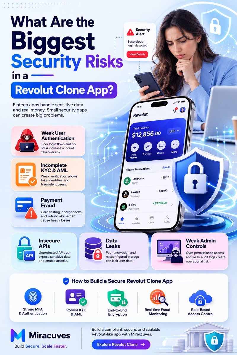 Digitaldaddy123's tweet photo. The biggest risks in a Revolut clone app include weak KYC, insecure APIs, account takeover, payment fraud, poor encryption, and weak admin controls.

Miracuves treats security, compliance, and transaction monitoring as core fintech requirements.
https://t.co/Epk3au3Hkv https://t.co/8DEQftfcNl