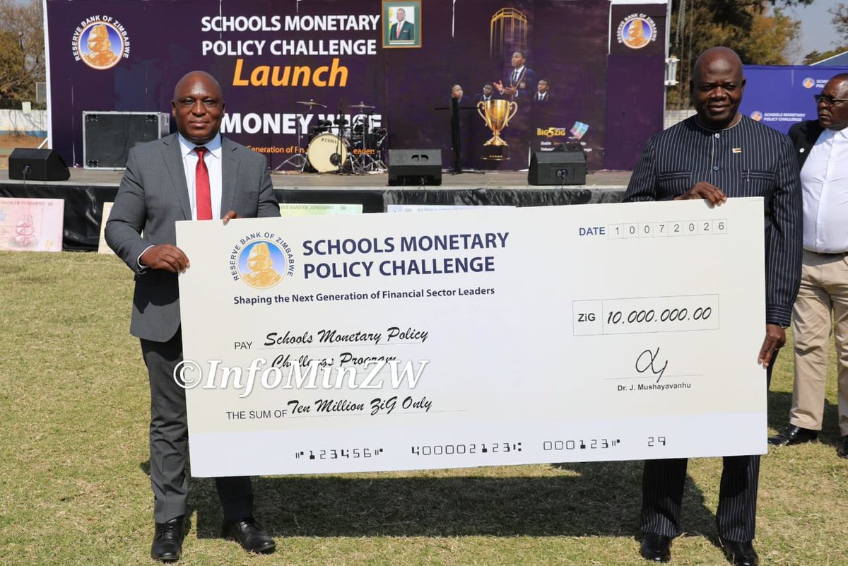 InfoMinZW's tweet photo. Reserve Bank of Zimbabwe Governor, Dr John Mushayavanhu, presented ZiG 10 million towards the Schools Monetary Policy Challenge launched in Harare today. The challenge aims to equip school children with financial literacy skills and get them involved in national discourse.
#SMPC
#FinancialLiteracy