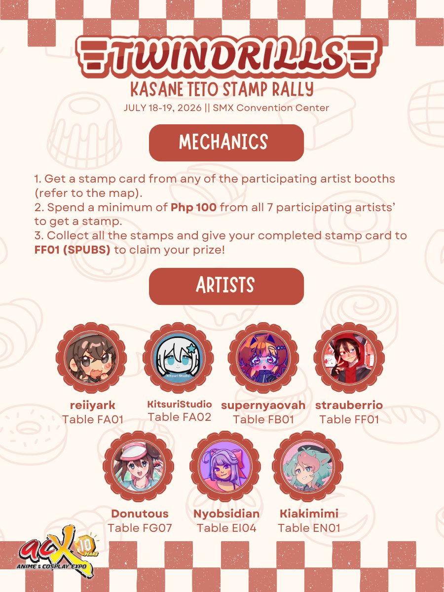 strauberrio's tweet photo. [ TWINDRILLS KASANE TETO STAMP RALLY FOR #ACX2026🥖]  

We are the tetolings please feed us🍴!
Come join our SR to win a bundle of 7 photocards and stickers featuring different Teto variants!

---

📅July 18-19, 2026
🏬SMX Convention Center Manila, Pasay City

#FanfairatACX2026 https://t.co/qsNbLqNN9Z