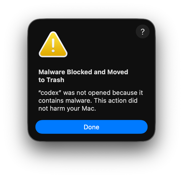 Allan_Jiang's tweet photo. Updated to the latest ChatGPT/Codex app, then MacOS alerted me its a Malware and moved it to trash automatically.

@OpenAI https://t.co/hQARx3nowT