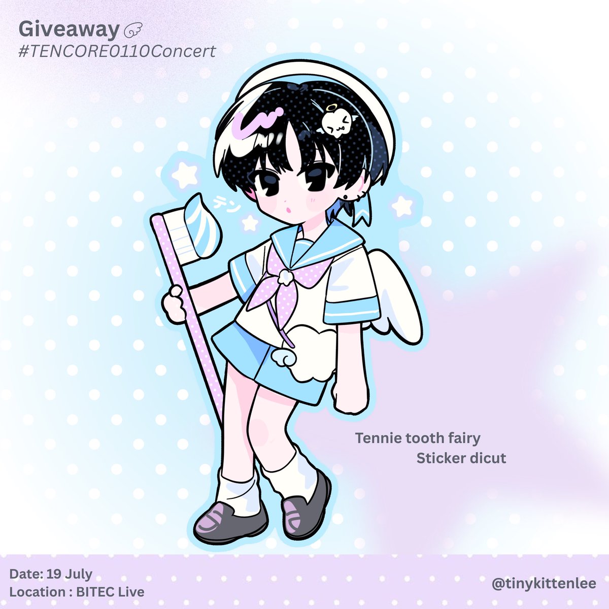 _mumulee_'s tweet photo. ⊹˚. kindly rt ⊹˚.

 giveaway for 10vely by @tinykittenlee 🐈‍⬛💜

━ TENNIE TOOTH FAIRY sticker dicut 100% ✿

♡ date : 19 July 2026
♡ location : BITEC LIVE

*rt &amp; show this tweet

for exchange pls dm💬

#TENCORE0110iscalling
#TENCORE0110Concert #10YearsWithTEN https://t.co/Qoe188psKe