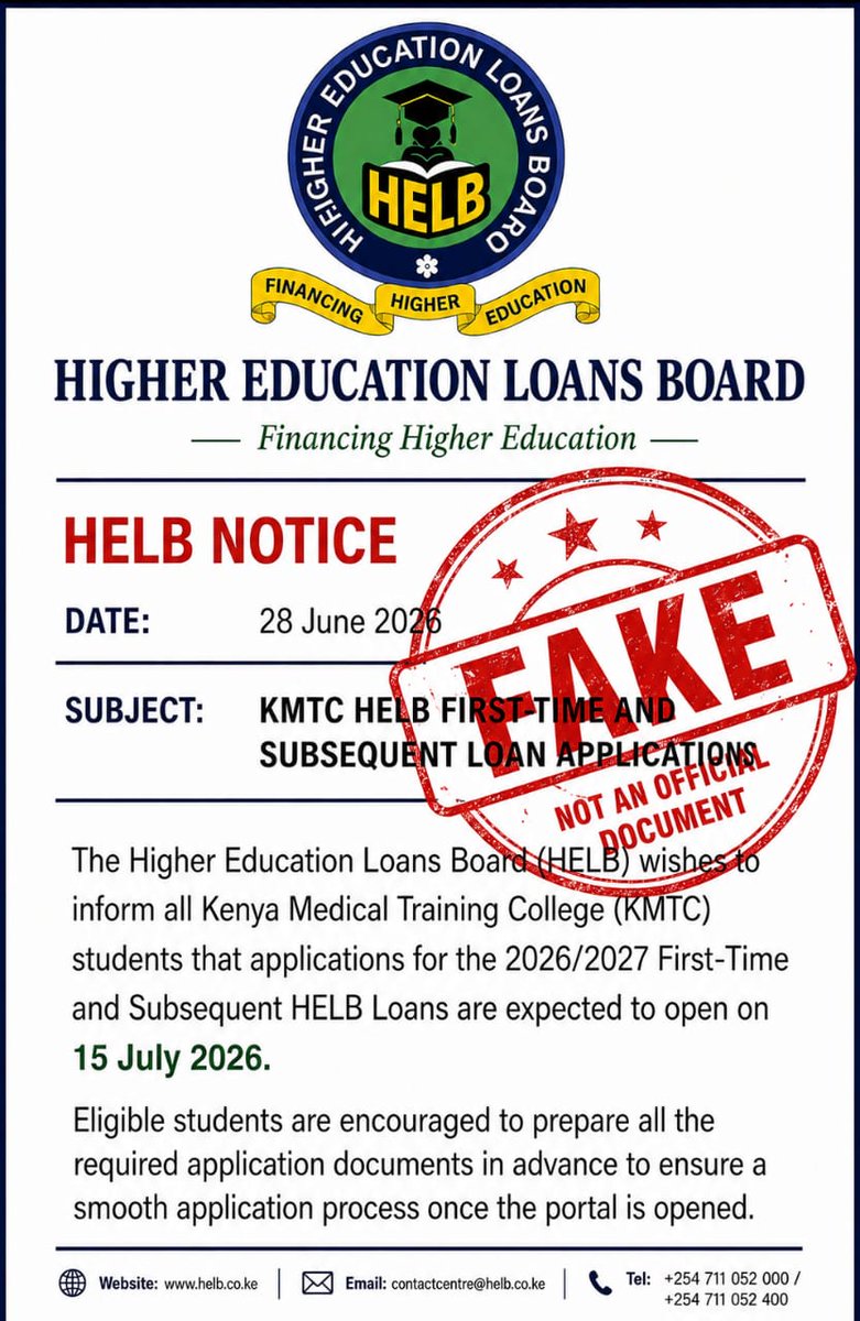 HELBpage's tweet photo. The KMTC loan application notice circulating online is FAKE and was not issued by HELB.  
Always verify all communication through HELB’s official channels only:  
📞 0711 052 000, X @HELBpage 

Please note: 0711 052 400 does NOT belong to HELB. Do not use this number for any HELB enquiries or services. 
Stay vigilant. Verify before you trust. 
#KaaRada