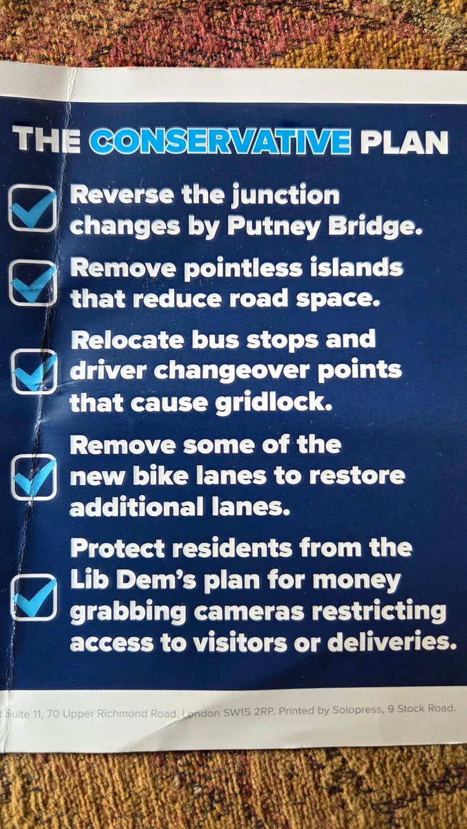 19sixty3's tweet photo. @putneysw15 This is what they promised 2 months ago to win votes and control of the Council.

Post election they are now saying reversing the changes to the junction will not make any difference, they are not removing any cycle lanes to restore additional lanes and are introducing cameras... https://t.co/S3sOtWkDW9