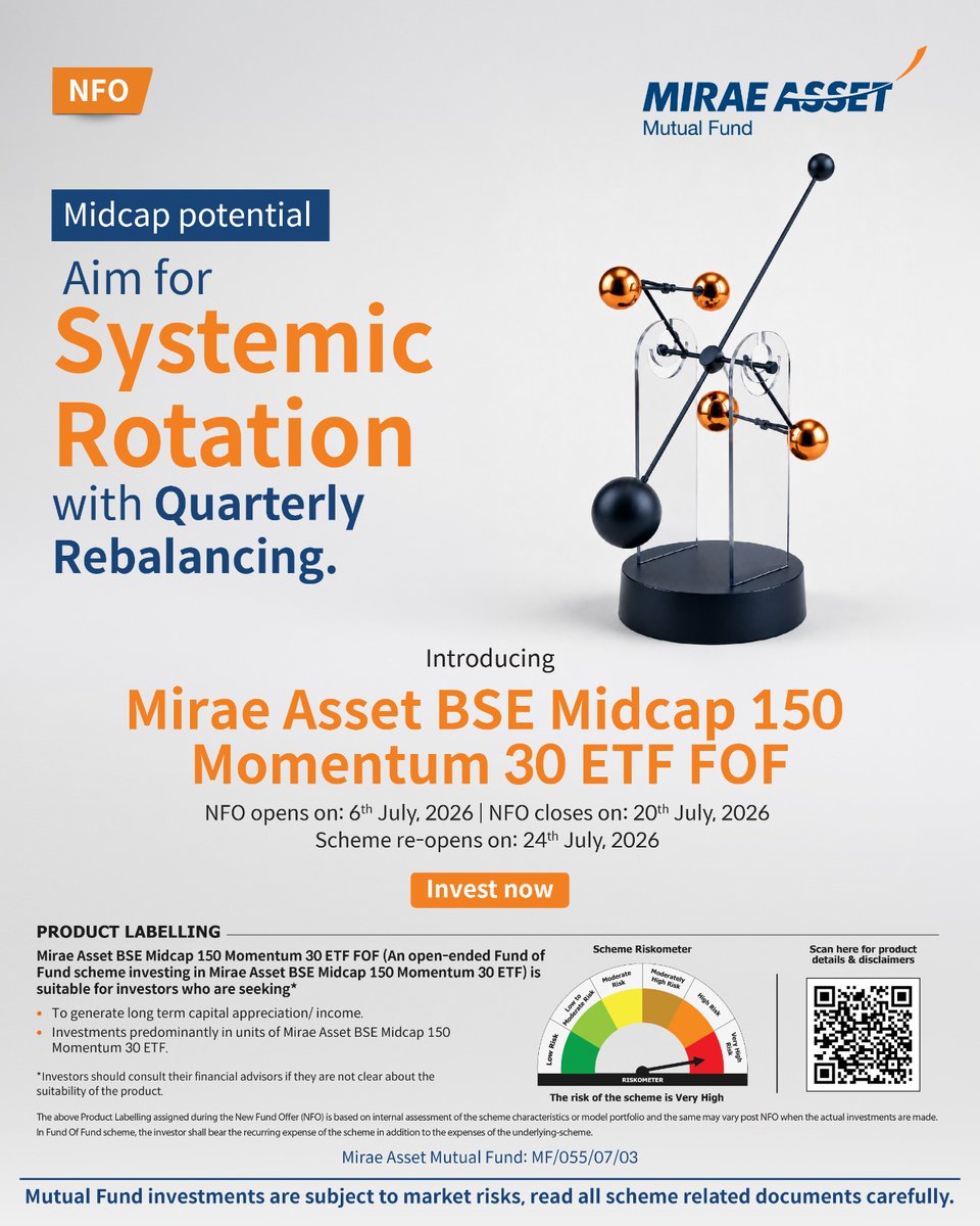 MiraeAsset_IN's tweet photo. Systematic. Disciplined. Momentum-driven.
Introducing the Mirae Asset BSE Midcap 150 Momentum 30 ETF FOF.
NFO now open.
Know more: https://t.co/FtfbJ9w5P6 https://t.co/Pyr7KVQHHZ