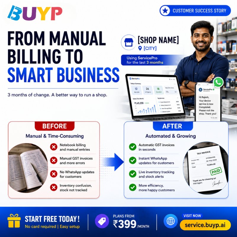 BuypTech's tweet photo. Every successful repair shop starts with one smart upgrade. 🚀
*📍 [Shop Name], [City]*
3 months ago:
📝 Manual notebook billing
Today:
✅ Automatic GST invoices
✅ Instant WhatsApp updates
✅ Real-time inventory trackin
Start free.
🌐 https://t.co/qmMBWDCnZF https://t.co/vCAmXNUw8F