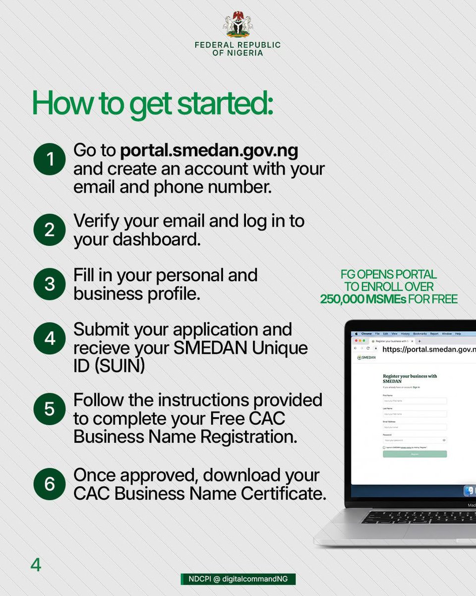 CityBoyMedia's tweet photo. If you run a small business or have been thinking about formalising your hustle, this is for you.

President Bola Ahmed Tinubu has approved free CAC registration for 250,000 MSMEs across Nigeria, through a partnership between SMEDAN and the Corporate Affairs Commission.

Before: ₦21,000.
Now: FREE.

No registration fee. Just an opportunity to formalise your business, build credibility and open new doors to finance, grants, partnerships and markets.

If you know a young entrepreneur, trader, creator, artisan or small business owner who needs this, please share it with them.

Register through SMEDAN today. Don’t sleep on this opportunity.

https://t.co/pcJA44GFVR

#PresidentialVillaUpdates