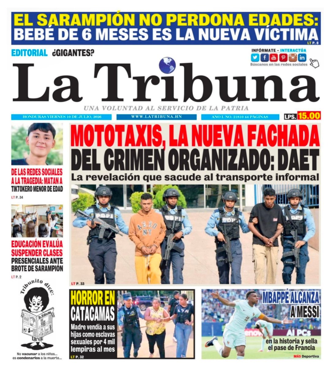 Hondurasbig's tweet photo. 🇭🇳 | #𝐇𝐨𝐧𝐝𝐮𝐫𝐚𝐬
🗓 | #𝟏𝟎𝐃𝐞𝐉𝐮𝐥𝐢𝐨 —𝟐𝟎𝟐𝟔
📰 | Así amanecen hoy las #𝐏𝐨𝐫𝐭𝐚𝐝𝐚𝐬 de los principales #𝐌𝐞𝐝𝐢𝐨𝐬𝐃𝐞𝐂𝐨𝐦𝐮𝐧𝐢𝐜𝐚𝐜𝐢ó𝐧 del país.

💬 ¡#𝐅𝐞𝐥𝐢𝐳𝐕𝐢𝐞𝐫𝐧𝐞𝐬𝐀𝐓𝐨𝐝𝐨𝐬 !!

——— 🧵 Deslizá el hilo https://t.co/fMuOaMvNbo