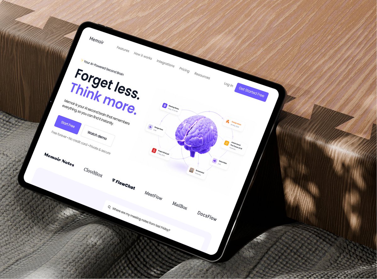 ensuesoft's tweet photo. Just wrapped up a new UI concept: Memoir

An AI-powered second brain landing page designed to help users capture, organize, and instantly find notes, files, and ideas.

✨ Clean UI
🎨 Modern SaaS Design
📱 Responsive Layout
💜 Designed in Figma

#SaaS #AI #Design #Ensuesoft https://t.co/SAkGlSJGrf