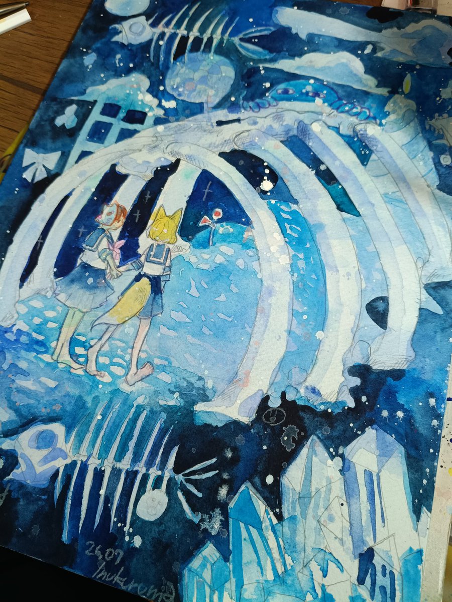 Inukuruma's tweet photo. 最近青い絵を描いてました
原稿です
#アナログイラスト　#透明水彩 https://t.co/s1LNJ4pdy0