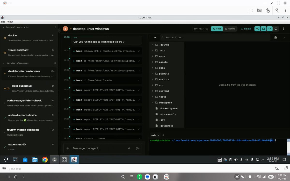 ahmethuseyindok's tweet photo. Linux, Windows and Mac clients for Supermux are on the way. You'll soon be able start a task from your Mac and pick up on your android phone on the go.

AFK. Still Shipping! https://t.co/Q1X0M2yIxm