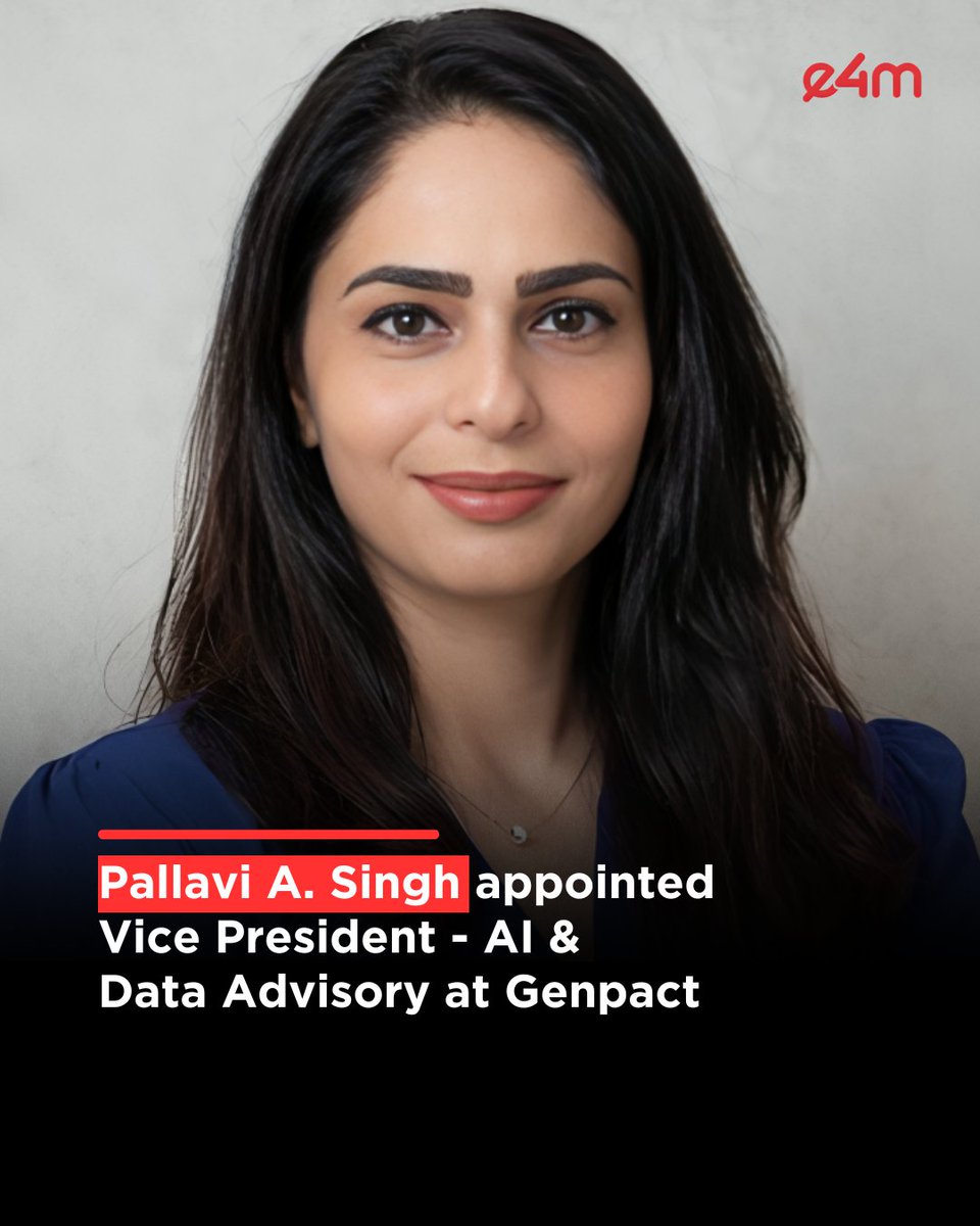 e4mtweets's tweet photo. Pallavi A. Singh appointed Vice President - AI & Data Advisory at @Genpact .
She brings more than 17 years of experience in artificial intelligence, technology, and business transformation.
Read the full story - https://t.co/IqWa5jvcsr
#e4m #PallaviASingh #Genpact #LeadershipAppointment #AIandData #PeopleMovement
If it’s trending in marketing, it’s here - follow us on Instagram: https://t.co/thy5YdN0A1
