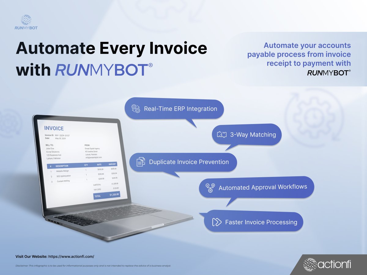 actionfi_'s tweet photo. Simplify your accounts payable process with RUNMYBOT®. Automate invoice processing, approvals, 3-way matching, and ERP integration to improve efficiency, reduce manual work, and process invoices faster.
#runmybot #actionfi #apautomation #financeautomation #accountspayable https://t.co/qLOT0lxWAw