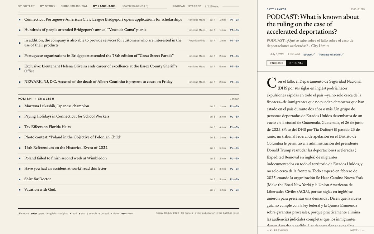 MeekersMark's tweet photo. Each edition collects everything the city's press published in the past  day, typically 1,200 or more articles from over ninety outlets, and sets  it on one page that loads instantly and reads like a paper. Every  publication in the batch is present. The list re-sorts four ways: by  outlet, by story, chronologically, and by language, and the whole  edition is searchable, full text, from one box.