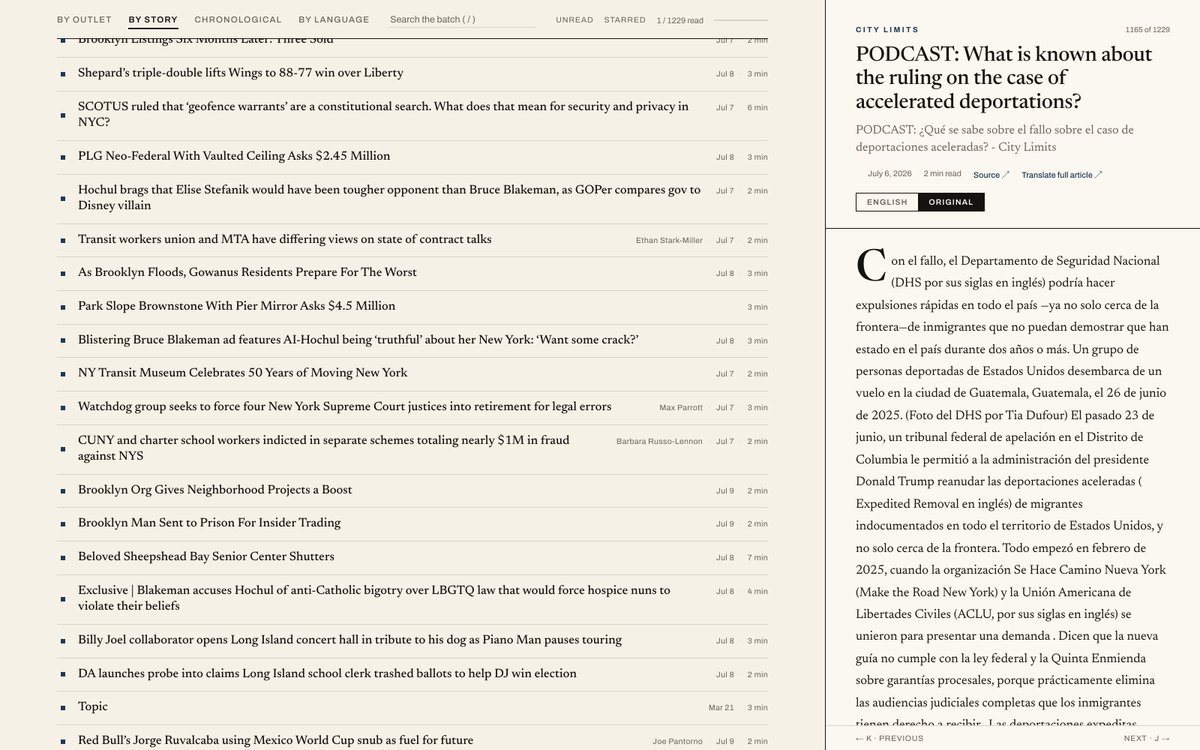 MeekersMark's tweet photo. Each edition collects everything the city's press published in the past  day, typically 1,200 or more articles from over ninety outlets, and sets  it on one page that loads instantly and reads like a paper. Every  publication in the batch is present. The list re-sorts four ways: by  outlet, by story, chronologically, and by language, and the whole  edition is searchable, full text, from one box.