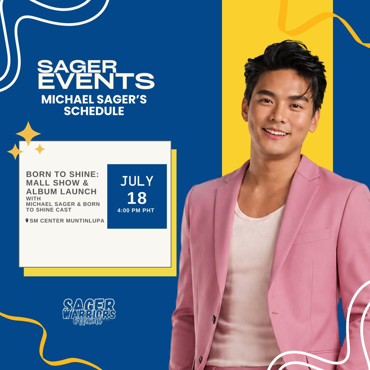 sagerwarriors's tweet photo. LEZZGO, WARRIORS!! 💙

Michael Sager and the Born to Shine cast are bringing the fun to SM Center Muntinlupa on July 18 at 4:00 PM! ✨

Let's show our love and support as they celebrate the Born to Shine Mall Show &amp; Album Launch. See you there! 💙 https://t.co/4ljxKW7JzZ