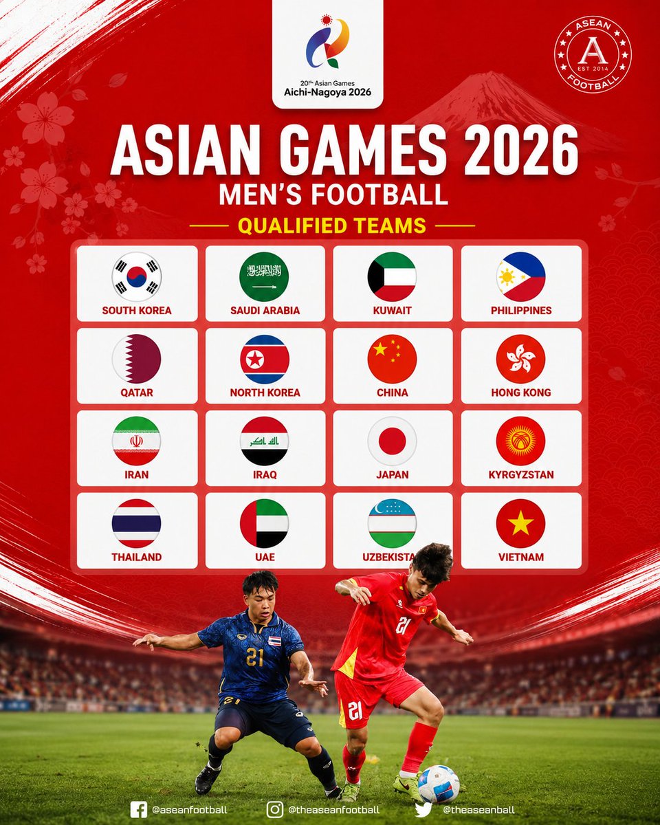 theaseanball's tweet photo. 🚨 16 TEAMS CONFIRMED FOR THE ASIAN GAMES 2026 MEN'S FOOTBALL TOURNAMENT! 

According to the Asian Games 2026 Organising Committee, the 16 participating teams in the men's football tournament have been confirmed based on their performances at the AFC U23 Asian Cup 2026. https://t.co/ei2IfnWZ8S