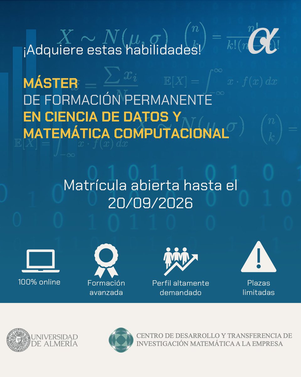 CDTIME_UAL's tweet photo. 🎓 Adquiere este perfil híbrido y altamente demandado cursando la 2ª edición del Máster de Formación Permanente en Ciencia de Datos y Matemática Computacional de la Universidad de Almería y el CDTIME. https://t.co/UCmohIPrPg