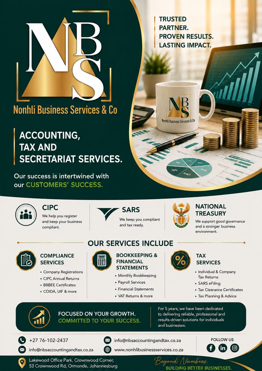 BackmanMedia's tweet photo. 👋 Trusted partner. Proven results. Lasting impact. 🥰 

Meet Nonhli Business Services and Co, a professional accounting, tax and secretarial services firm committed to helping individuals and businesses remain compliant, financially organised and ready for growth. 🌠 https://t.co/GIcTvMelUg