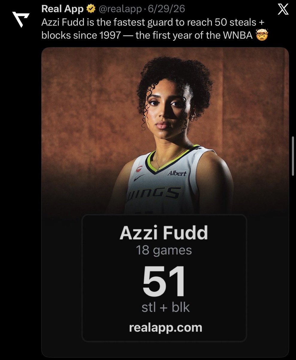 gostosany1's tweet photo. This isn’t just "good for a rookie” this is historic. Azzi is moving up the record books faster than almost any guard in league history. reaching milestones for combined steals and blocks, her early production is putting her in company with the best to ever do it. https://t.co/7ZzrS1xbCq