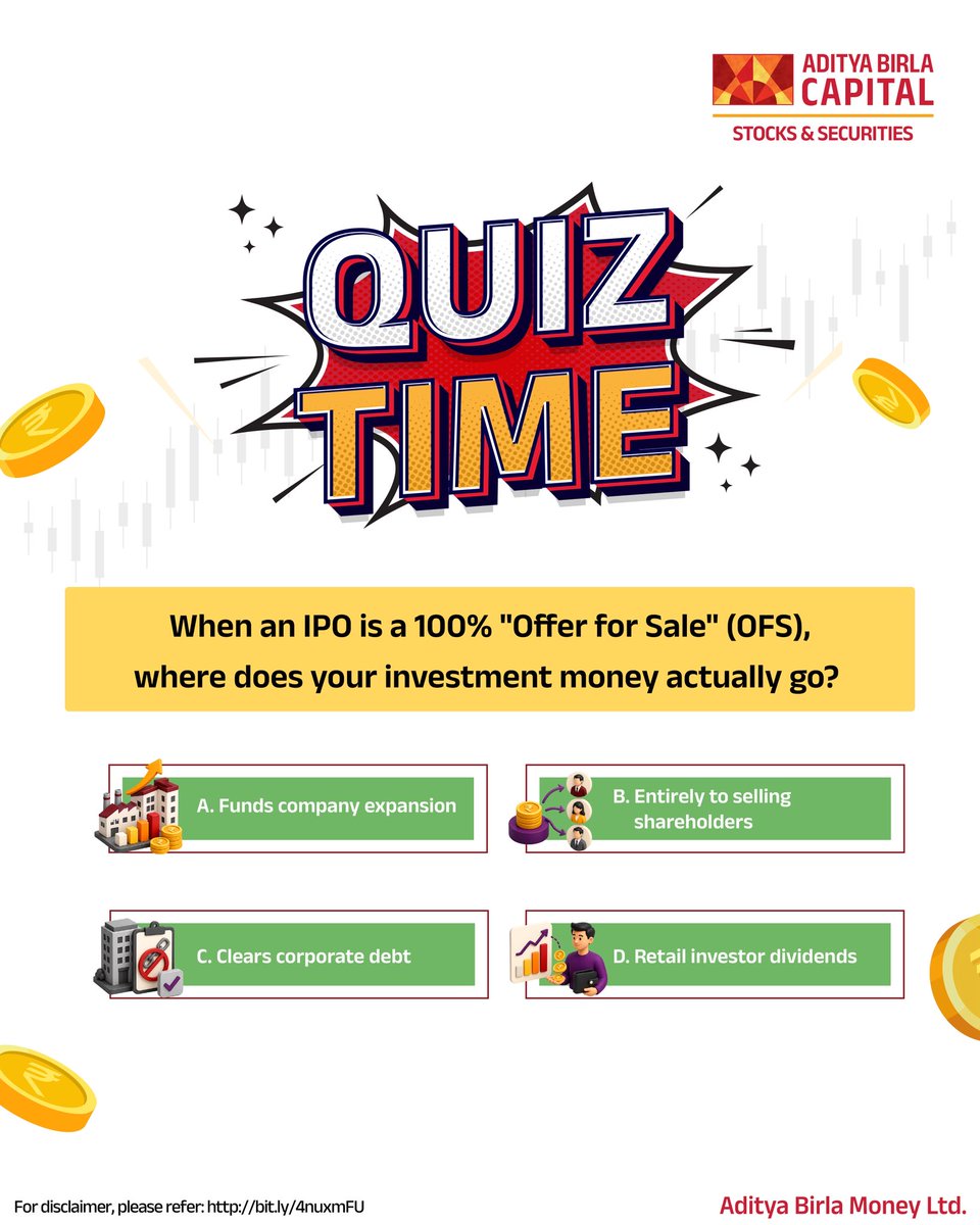 Abmoneyltd's tweet photo. Where does your money actually go? 💸 If you’re bidding on a 100% OFS (Offer for Sale) IPO, the answer might surprise you. Drop your guess (A, B, C, or D) below! 👇
#quiz #QuizNight #quizcontest https://t.co/NJKqjXe4SG