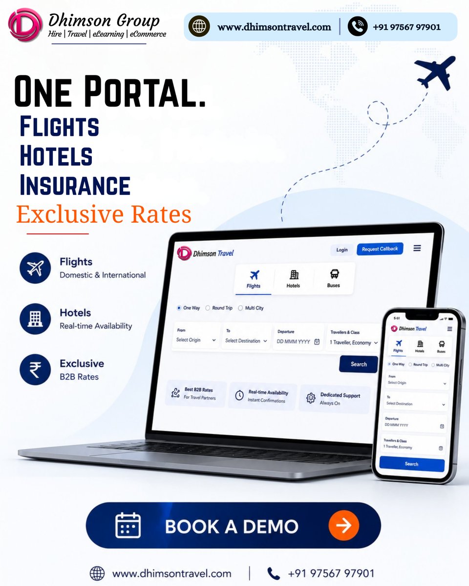 DhimsonT52064's tweet photo. One portal. Everything you need
Flights. Hotels. Insurance. Exclusive B2B rates — on desktop &amp; mobile.
Free registration. Free demo. 🚀
📅 https://t.co/q1oNaU6yB3 | 📞 +91 97567 97901
#DhimsonTravel #B2BTravelPortal #TravelAgents #FreeDemo #ExclusiveB2BRates https://t.co/OvCS05GdW3