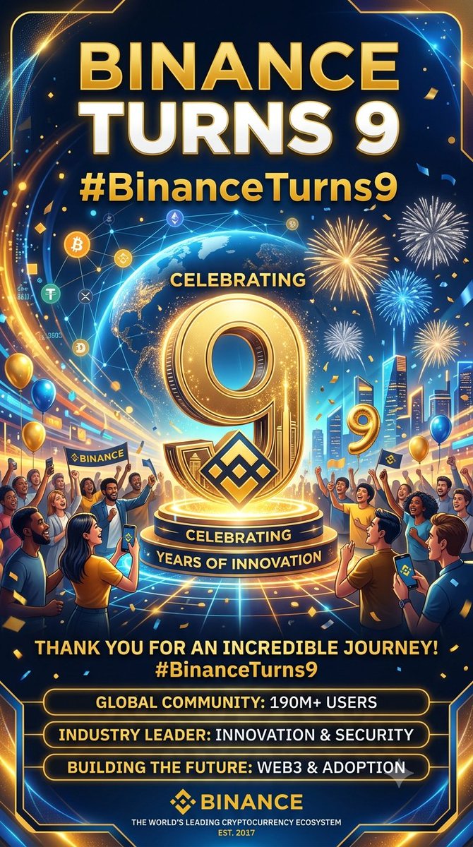 play90975's tweet photo. 9 years of innovation, trust, and empowering millions around the world!
Proud to celebrate #BinanceTurns9 with the amazing Binance community. 
Here's to the next chapter of Web3, blockchain, and financial freedom. 
Happy 9th Anniversary, @binance! 
#BinanceTurns9 #Binance https://t.co/LJCtMR9hZ3