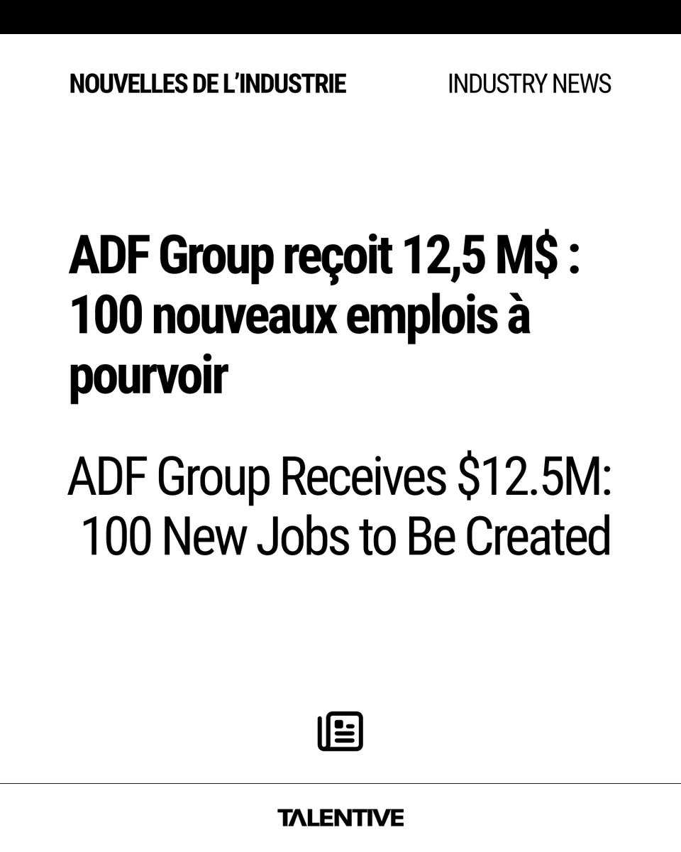 TalentiveINC's tweet photo. Grâce à un investissement de 12,5 M$ du gouvernement du Canada, ADF Group créera 100 nouveaux emplois en modernisant ses installations de Terrebonne et de Métabetchouan.
À lire: https://t.co/rW3JPef2U8
#fabrication #industriel #manufacture #usine https://t.co/0EE7hjGKm3