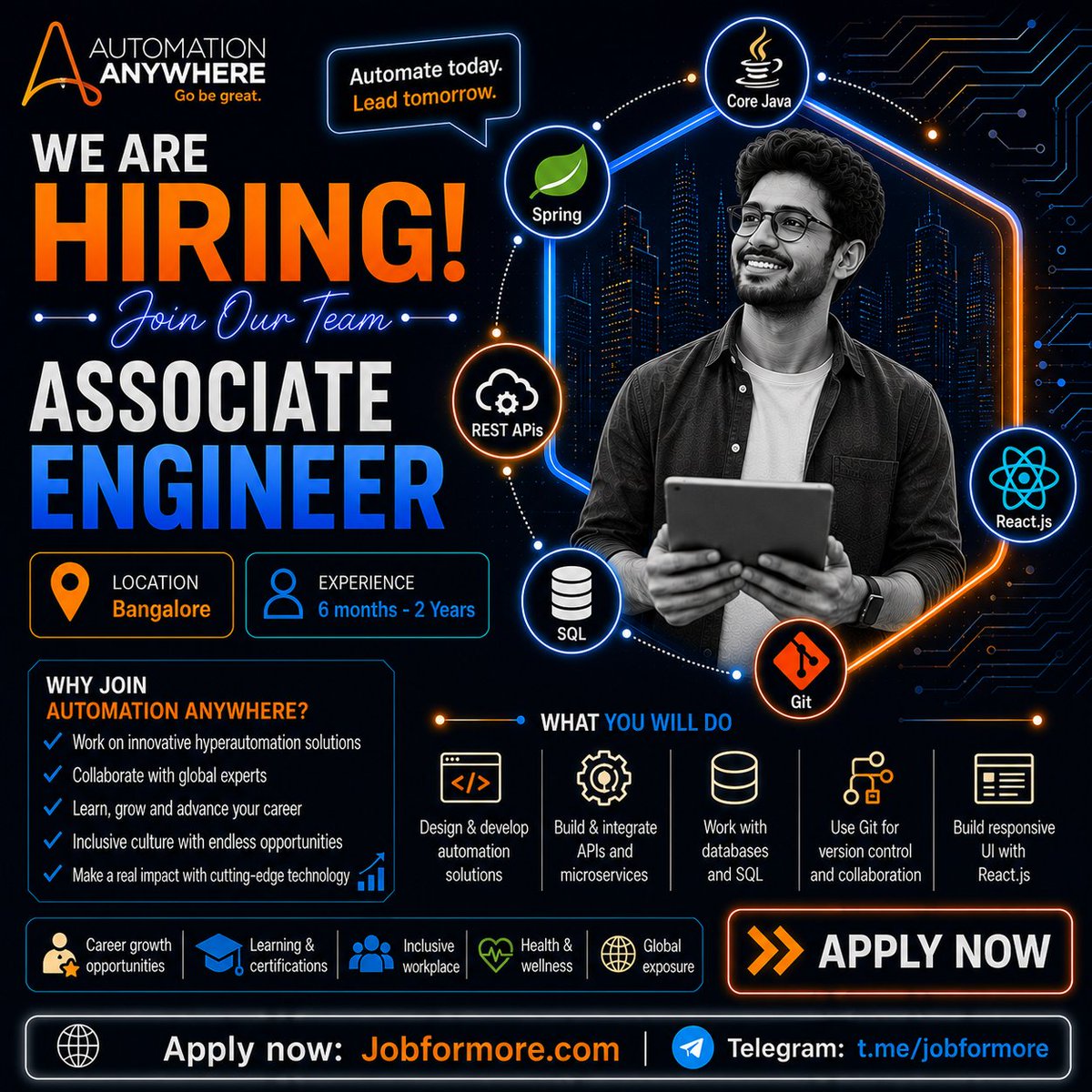 jobformore's tweet photo. 🚀 Associate Engineer @ Automation Anywhere
📍 Bangalore | 6 months–2 Years
🎓 BE/BTech
💻 Core Java, Spring, REST APIs, SQL, Git, React.js

#Jobformore #AutomationAnywhere #AssociateEngineer #BangaloreJobs #TechJobs

Apply: https://t.co/IRpVopoSka https://t.co/4ovEU3scLI