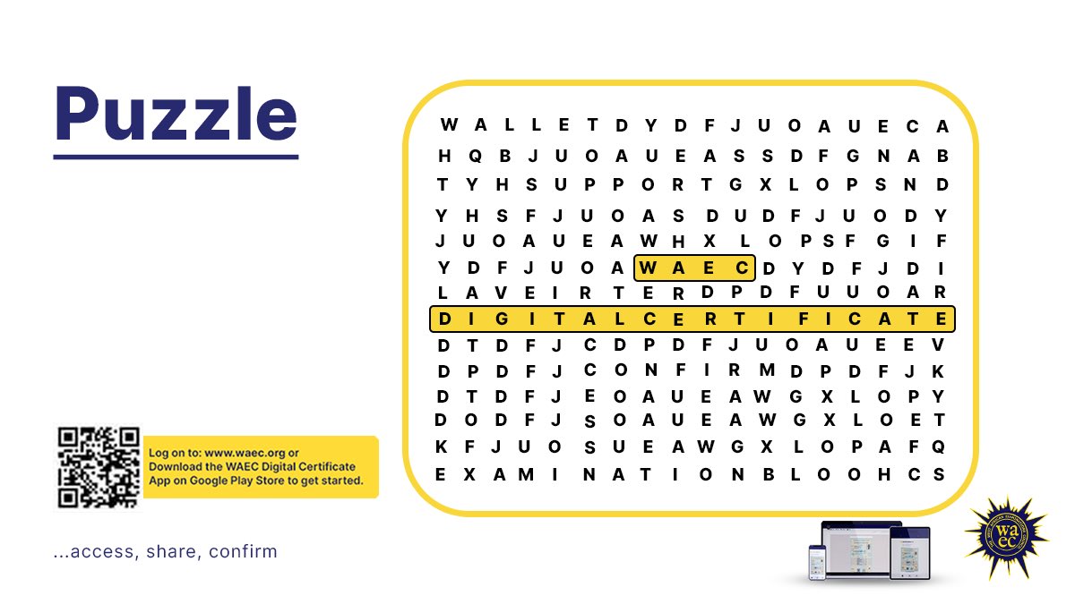 waecdigitalcert's tweet photo. How many words did you decode from this puzzle? Share your answers in the comment below. Log on to https://t.co/oF77Ob5JAw for fast and convenient certificate access.
#waec #waecexam #waeccertificate #waecresult https://t.co/SDR9dEpAs2