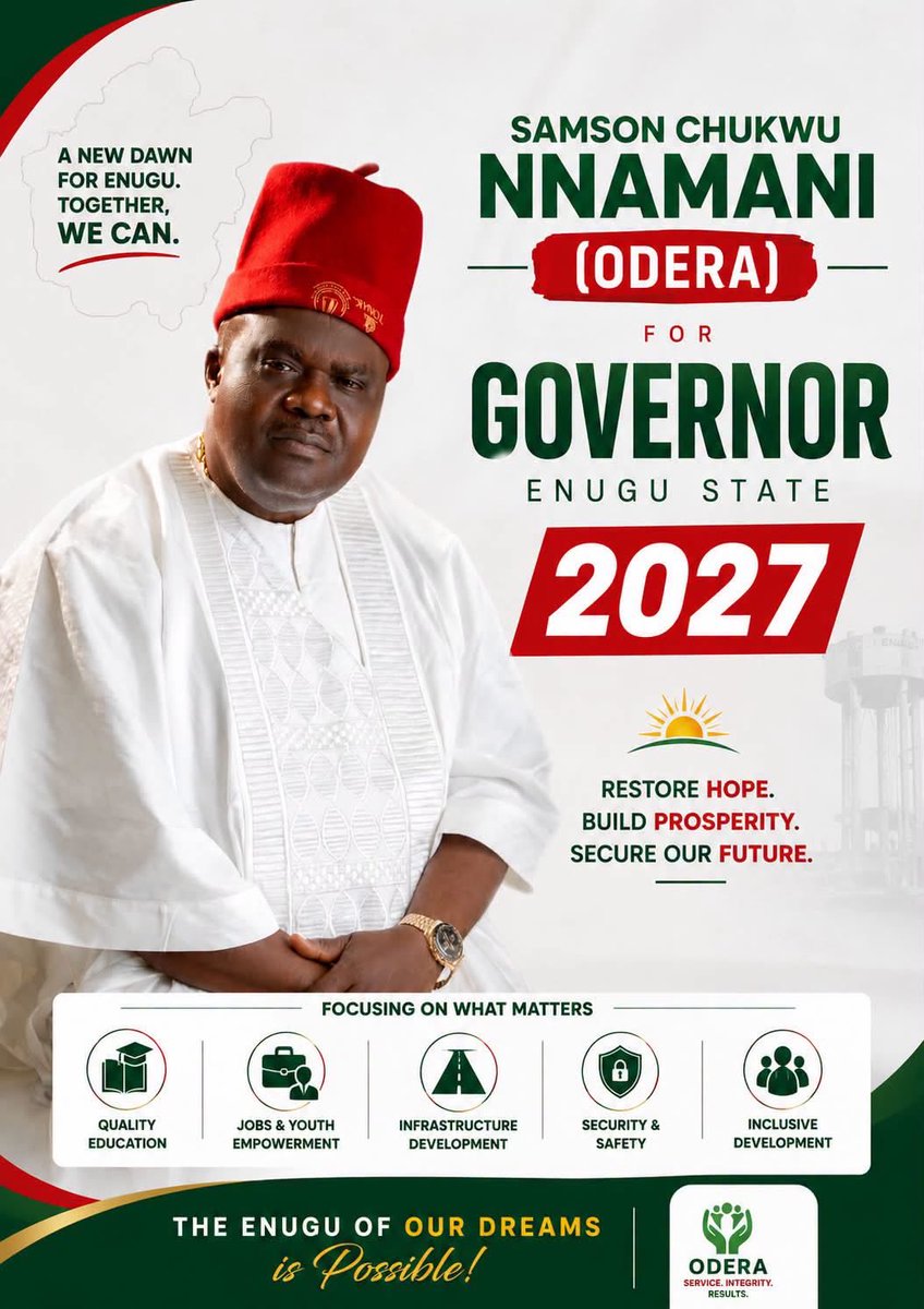 Chief_Odera's tweet photo. A New Dawn for Enugu is Possible!

My dear people of Enugu State,

Our state is blessed with hardworking, talented, and resilient people. Together, we can unlock its full potential through purposeful leadership, inclusive governance, and sustainable development. https://t.co/IKnP15FaDQ