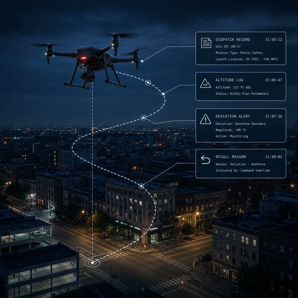 zduniak's tweet photo. DFR programs are turning cities into drone operators. The governance question flips: who audits the city's own flights? Every dispatch needs a trigger record. Every trajectory needs a log. Every recall needs a reason. @FAANews @NACoTweets https://t.co/LWlsA18UMo