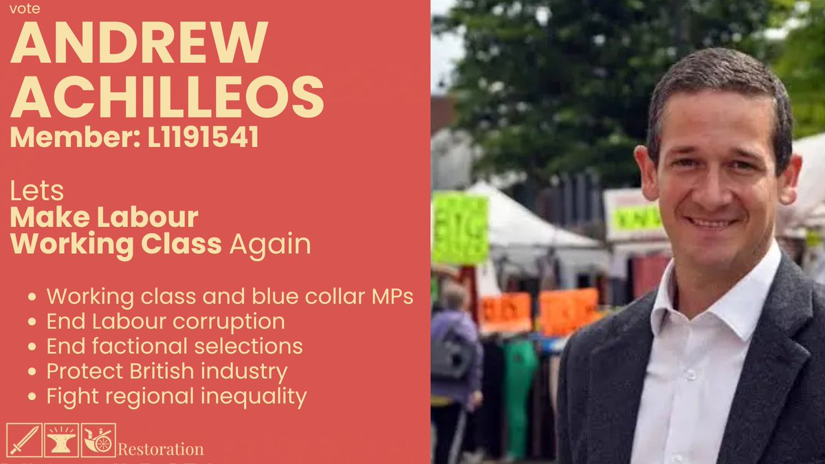 leftrestoration's tweet photo. Two @leftrestoration candidates have made the ballot for Labour's NEC election. Vote for  @AndyAchilleos and @Stsantek  and we'll:

* Work across Labour's factions to create a new generation of working class Labour MPs
* Fight to retain industry 
* Make sure Labour takes real action on regional inequality