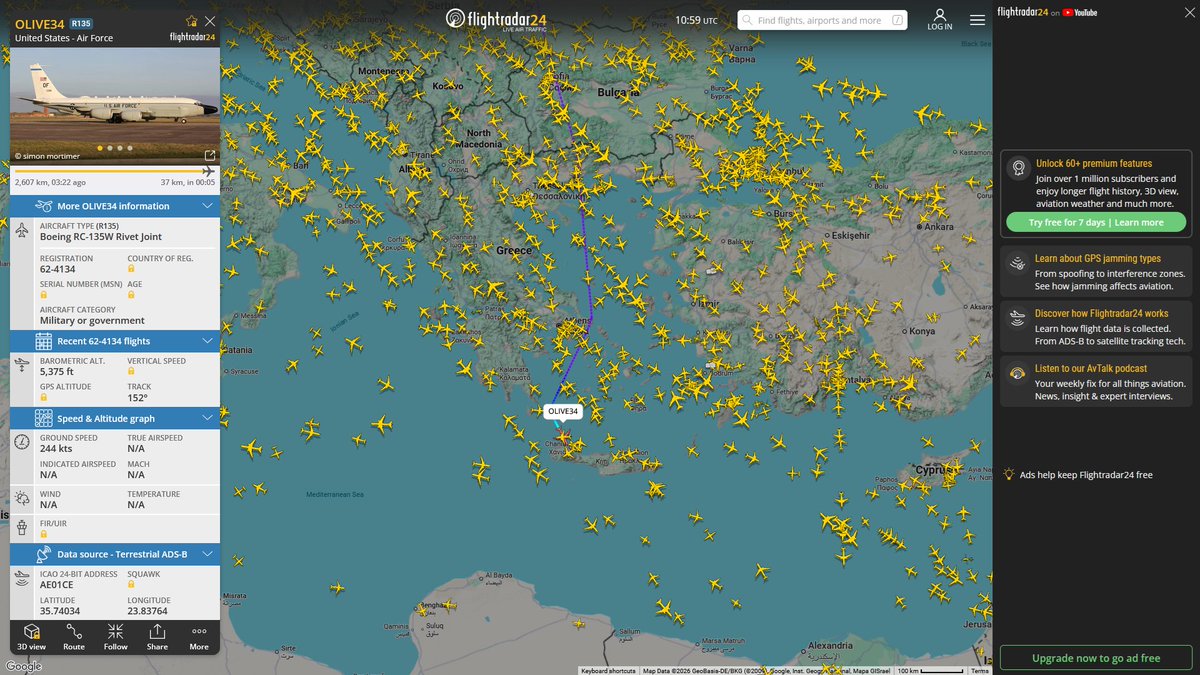 AIYeyENGDdJkjTr's tweet photo. July 10, 2026
#Offutt Air Force Base, Nebraska #Joint Base Andrews #RAF Mildenhall ==> #Souda Bay NAS
#OLIVE34 #AE01CE USAF RC-135W Rivet Joint https://t.co/FKbsQ3QtZg