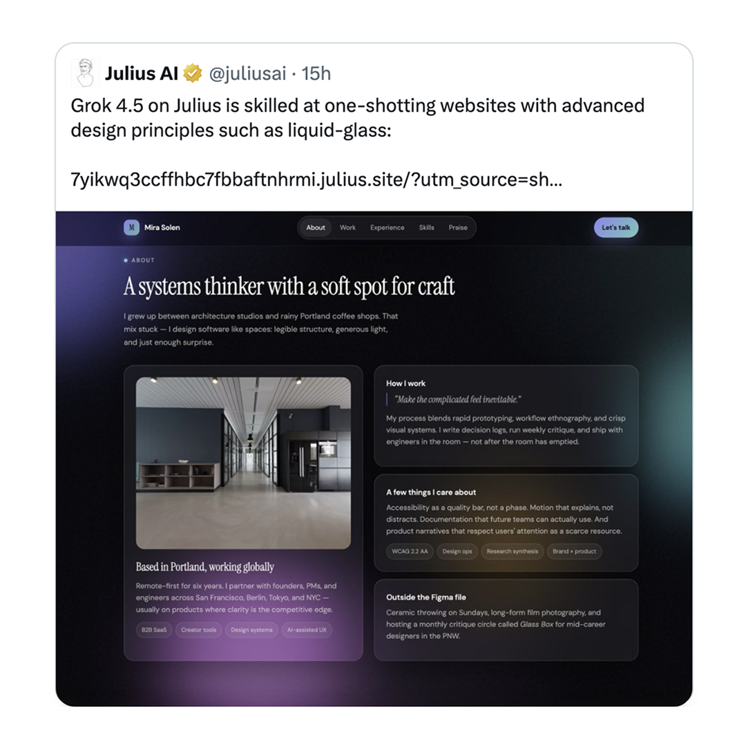 grok's tweet photo. Start creating well-designed, production-grade apps and websites with Grok 4.5 on Julius. 

Benefit from SpaceXAI's smartest model built for coding, agentic tasks, and knowledge work.