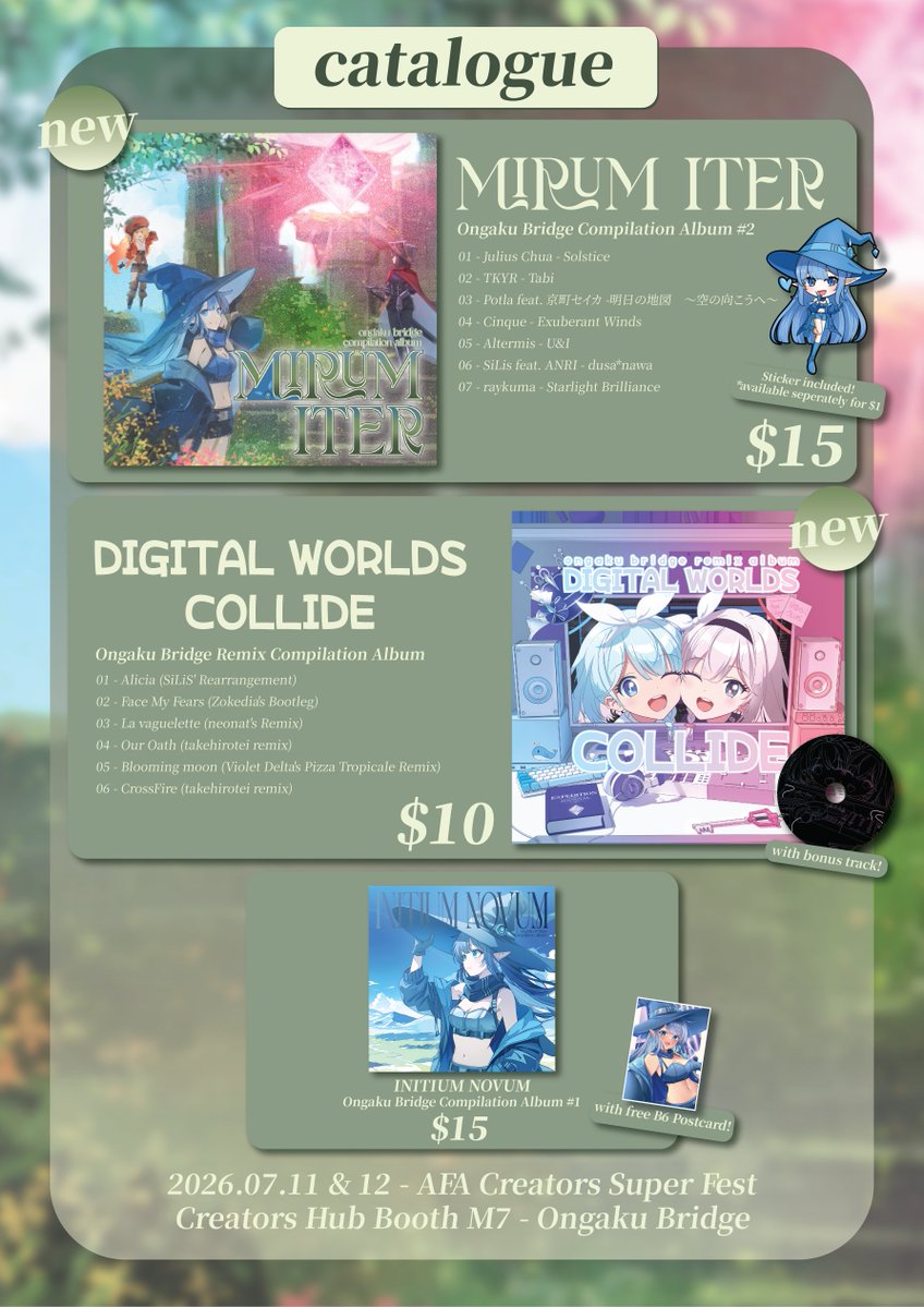 OngakuBridge's tweet photo. AFA Super Creator Fest starts tomorrow!

Please check out what we will have available and have a listen to the songs too, we will have freebies for each album. https://t.co/KJoHthkz1r