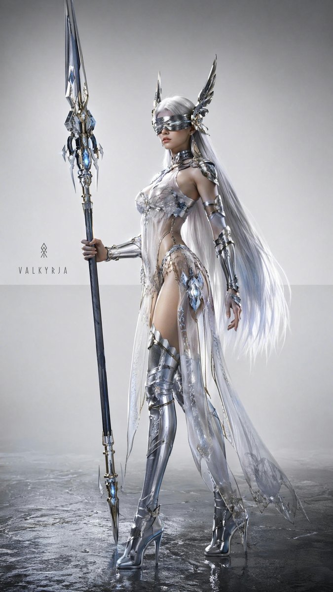 vb_zhai's tweet photo. 设定集精绘·电影级高完成度写实厚涂CG渲染的北欧女武神瓦尔基里机娘全身立绘，华贵神秘冷艳。真实材质与影棚冷色调锐利主光、明确轮廓光勾边、高反差戏剧明暗、地面湿润反光，繁复做旧白银与冷钢北欧羽翼纹样、如尼符文点缀。角色为明确女性化、身形柔美优雅、精致漂亮的年轻女性； https://t.co/FoGcV6uaxj