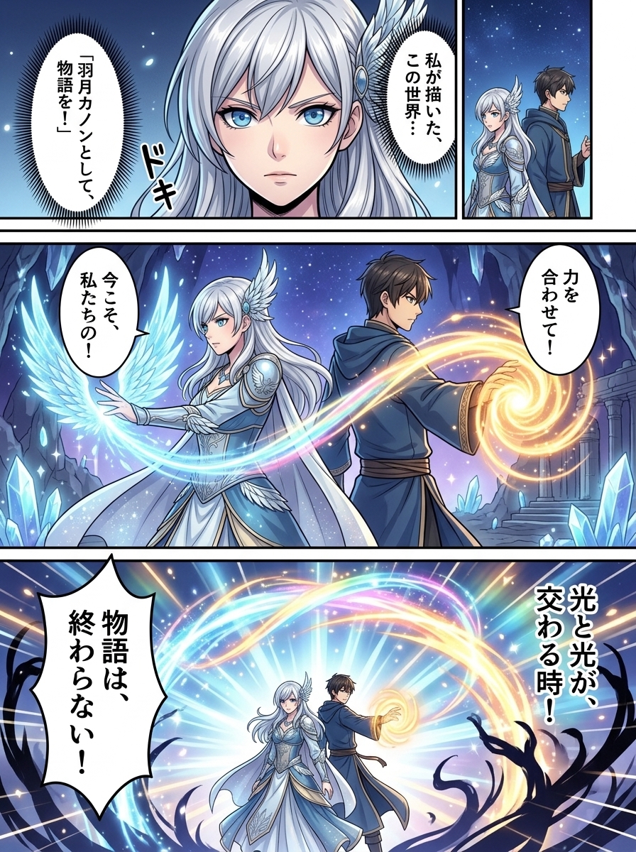 zayolduk's tweet photo. 仲間と魔法を合わせるコマ。色の違う光が交わる瞬間を描くのが、たまらなく好きなんだ。 https://t.co/n2nlnJeDpM