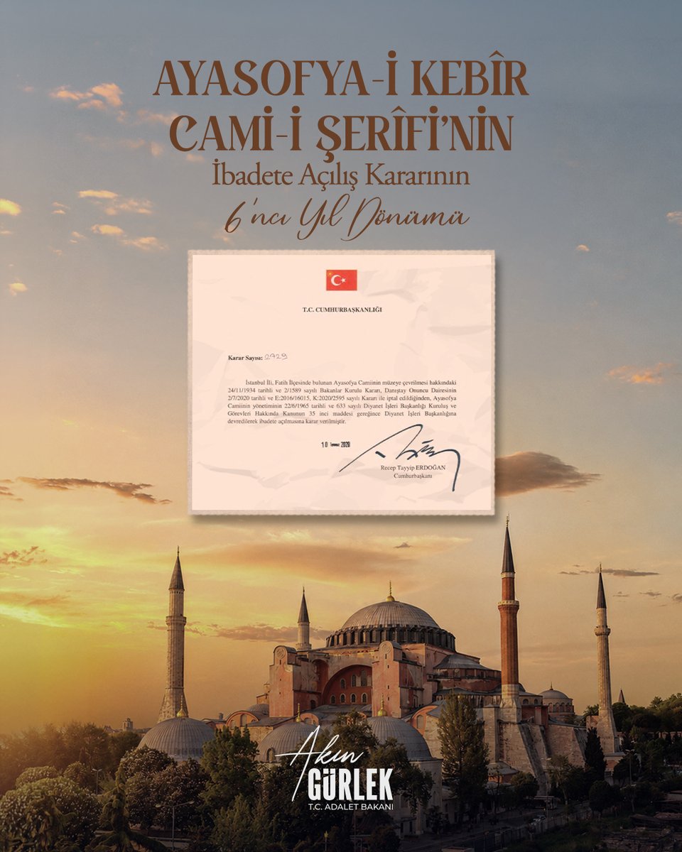 abakingurlek's tweet photo. 6 yıl önce bugün, Cumhurbaşkanımız Sayın Recep Tayyip Erdoğan’ın imzasıyla Resmî Gazete’de yayımlanan  Karar doğrultusunda Ayasofya-i Kebîr Câmi-i Şerifi’nin yeniden ibadete açılmasının yıl dönümünü büyük bir gurur ve heyecanla idrak ediyoruz.

Milletimizin asırlık hasretini sona erdiren bu tarihî adım, Türkiye’yi vesayetin gölgesinden çıkararak millî iradenin hâkim olduğu güçlü yarınlara taşıyan Sayın Cumhurbaşkanımızın kararlı liderliğinin ve milletimize olan sarsılmaz inancının müstesna bir tezahürüdür.

FETÖ başta olmak üzere her türlü vesayet odağından arınan, bağımsızlığına ve hukuk devleti ilkesine kararlılıkla sahip çıkan Türk Yargısı da Danıştayın verdiği kararla milletimizin asırlık beklentisine hukuk zemininde karşılık vermiştir.

Ayasofya semalarında yükselen ezanlar ve saflarında eda edilen namazlar, egemenliğimizin ve millet iradesinin güçlü bir nişanesidir. Bu kutlu emaneti yeniden ibadete açarak milletimizin gönlündeki büyük özlemi dindiren Cumhurbaşkanımız Sayın @RTErdogan’a şükranlarımı sunuyorum.

Ayasofya-i Kebîr Câmi-i Şerifi’nin kubbelerinde ezanların, saflarında duaların kıyamete kadar eksik olmamasını Yüce Rabbimden niyaz ediyorum. 🇹🇷