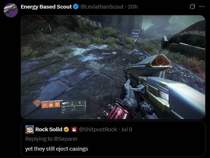 LukeCB14's tweet photo. Dog I'm crying 😭

The actual scout rifle is fact checking the serial LARPer https://t.co/eCHNDEWQ6L