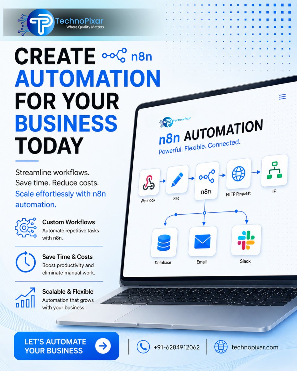 technopixar's tweet photo. 🚀 Stop wasting time on repetitive tasks.

Automate your workflows with n8n and streamline your business operations.

Connect apps, reduce manual work, and scale with ease.

Ready to automate?

Call +91 62849 12062 or Visit https://t.co/1SECK4IHiI

#n8n #Automation #TechnoPixar https://t.co/ycSPrFlWxa
