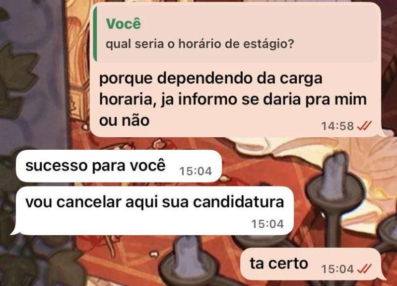 marcelocreator's tweet photo. Se o recrutador não tem paciência nem para responder uma pergunta básica sobre o horário, imagina o dia a dia na empresa... 
"Sucesso para você" virou o novo "Não fale mais comigo". https://t.co/bjLl7UGaEv