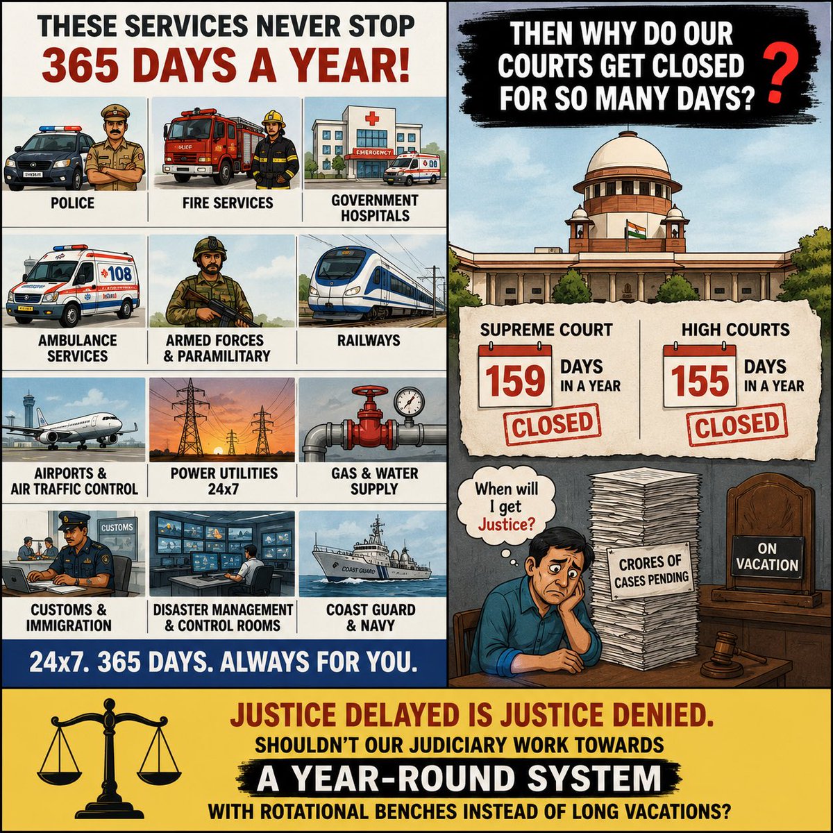 NareshVerse's tweet photo. Emergency services don’t stop for vacations. Neither do government hospitals, police, the Armed Forces, railways, airports, power utilities, fire services, customs or immigration. They serve the nation 24×7, 365 days a year.

With crores of pending cases, is it time for the Supreme Court and High Courts to adopt a full-year working model with staggered judicial leave, instead of extended court vacations?