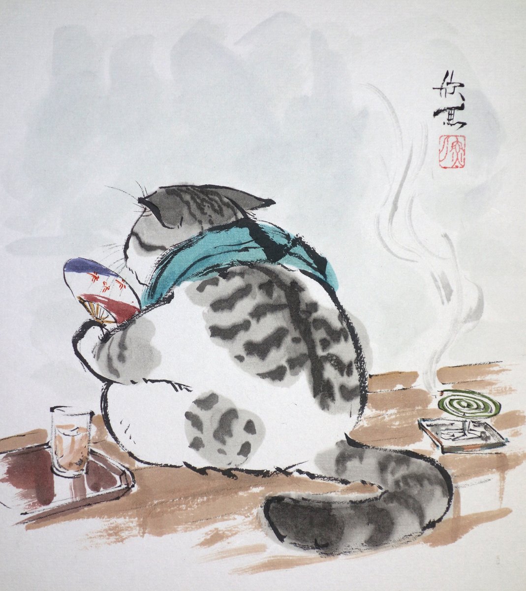Kingyo_art's tweet photo. 『夏猫』
お仕事が終わって縁側で夕涼み、明日も暑いんやろうなぁ。　

#drawing #art #illustration #cat #summercat #japan #猫 #夕涼み #アナログ絵 #日本画 #色紙 #絵画 https://t.co/ki4FKehL4u