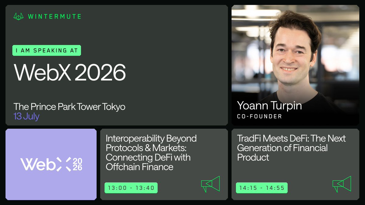 wintermute_t's tweet photo. Catch @YoannTurpin1’s panels on the Limitless Stage on July 13

Interoperability Beyond Protocols &amp; Markets: Connecting DeFi with Offchain Finance
⏰ 1:00pm - 1:40pm

TradFi Meets DeFi: The Next Generation of Financial Products
⏰ 2:15pm - 2:55pm

See you at #WebX2026! https://t.co/CxWfXtvB0W