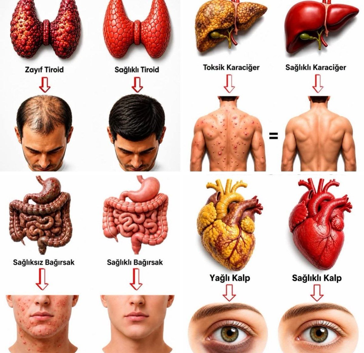uyanan_insan's tweet photo. 🧠 Cildiniz sadece bir ayna olabilir.

Saç dökülmesi, sivilce, göz altı morlukları veya ciltteki bazı değişiklikler her zaman yalnızca kozmetik bir sorun değildir. Bazen vücudunuz, içeride yolunda gitmeyen bir durum için size sinyal veriyor olabilir.

🔹 Tiroid hastalıkları, saç dökülmesi ve saçlarda incelmeye neden olabilir.
🔹 Karaciğer hastalıkları bazı kişilerde ciltte kaşıntı, renk değişiklikleri veya akne benzeri sorunlarla ilişkilendirilebilir.
🔹 Bağırsak sağlığındaki bozulmalar, özellikle bazı kişilerde inflamasyonu artırarak akne ve cilt problemlerini tetikleyebilir.
🔹 Kalp ve damar hastalıkları ise göz altı morluğu yapmasa da; dolaşım bozuklukları, soluk görünüm veya dudak-tırnaklarda renk değişiklikleri gibi farklı belirtilerle kendini gösterebilir.

⚠️ Unutmayın: Bu belirtiler tek başına herhangi bir hastalığın tanısını koydurmaz. Ancak uzun süredir devam ediyor, giderek artıyor veya başka şikâyetlerle birlikte görülüyorsa altta yatan neden araştırılmalıdır.