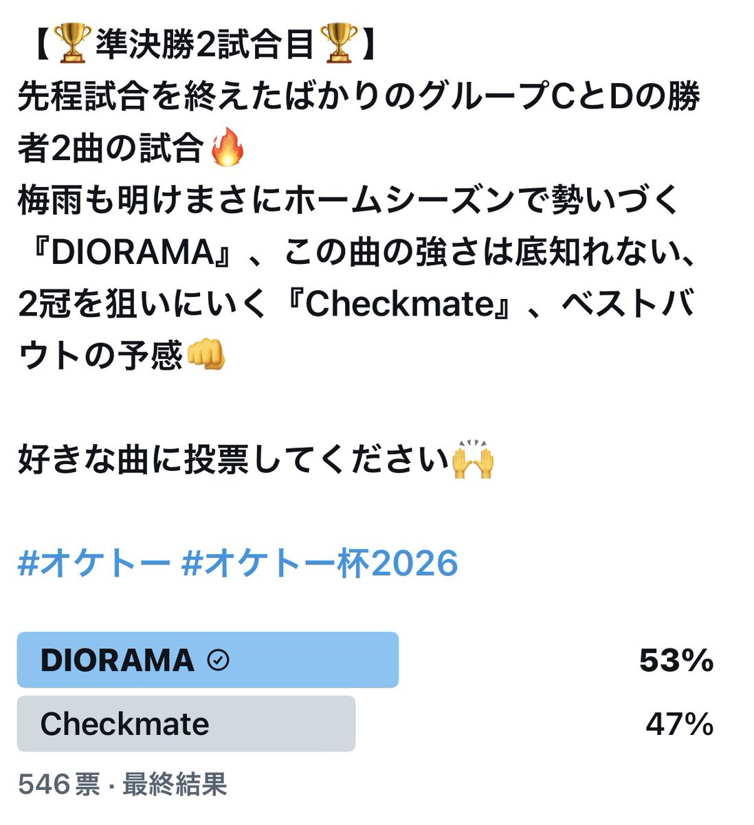 OrchestraTokyo's tweet photo. 🏆準決勝結果発表🏆 #オケトー
沢山の投票ありがとうございます🙇🏻‍♂️
見事決勝に進んだ楽曲は、優勝候補でもあったあの「STRiNGS」を撃破した『桜音』と、見事「Checkmate」を王座の椅子から引きずり下し見事なジャイキリをかました『DIORAMA』がオケトー杯2026の決勝に進みました‼️
番狂せを巻き起こしたこの2曲が決勝でどのように戦い優勝曲の座につくのか👊乞うご期待🔥

遂にオケトー杯2026も次の決勝で終わりです。
付き合ってくれた皆様、協力してくれた皆様ありがとうございました！！
ラスト宜しくお願いいたします🙇🏻‍♂️

決勝戦は申し訳ございませんが、日時を変更してお送りさせ��いただきます😣
決勝13日20:00より開始🔥
宜しくお願いいたします🙇🏻‍♂️
 
【桜音vs DIORAMA】

 #オケトー杯2026 決勝戦ご参加宜しくお願いいたします🤝