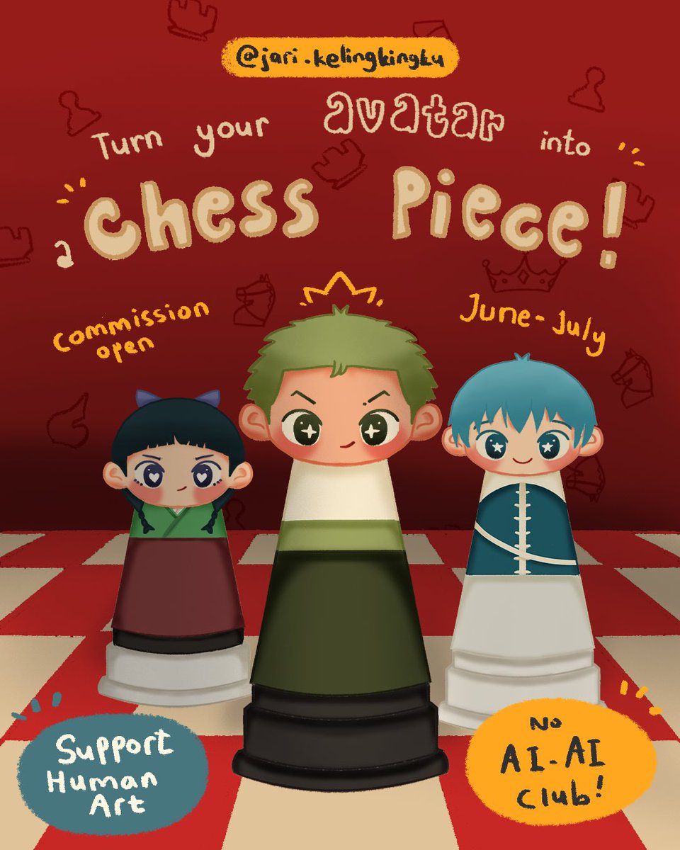 ummuladibah's tweet photo. COMMISSION OPEN

✨ TURN YOUR AVA INTO A CHESS PIECE✨

Need something new? Here's your chance😉

Contact me to get started🙃

#commissionart
#newcommission
#uniquecommissions
#cutecommission https://t.co/0QsaHGFOs6