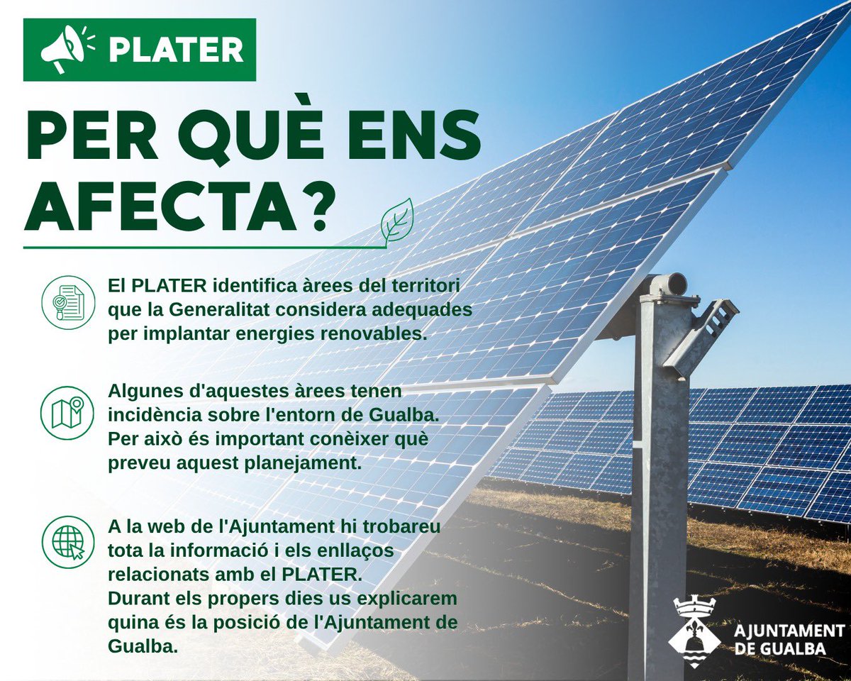 gualbainfo's tweet photo. Què és el #PLATER i com pot afectar Gualba?

La Generalitat està definint àrees per a futurs projectes d’energies renovables, algunes amb incidència al nostre entorn.

📄 Més informació a la web de l’Ajuntament.

#Gualba #Territori #AjuntamentdeGualba https://t.co/8cU14BDFCz